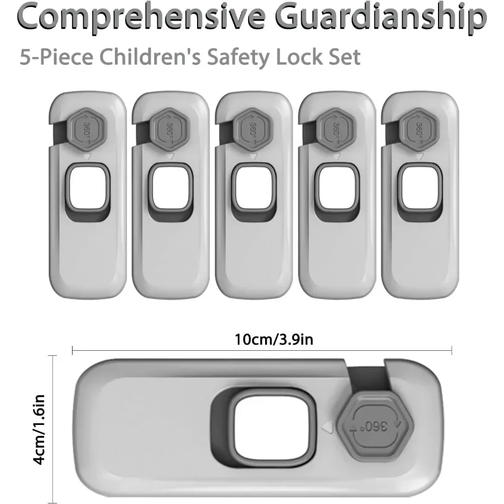 5-piece Cabinet Lock, No Tools or Drills Required, Strong Adhesive, Gray Safety Child Protection Double Door Refrigerator Lock