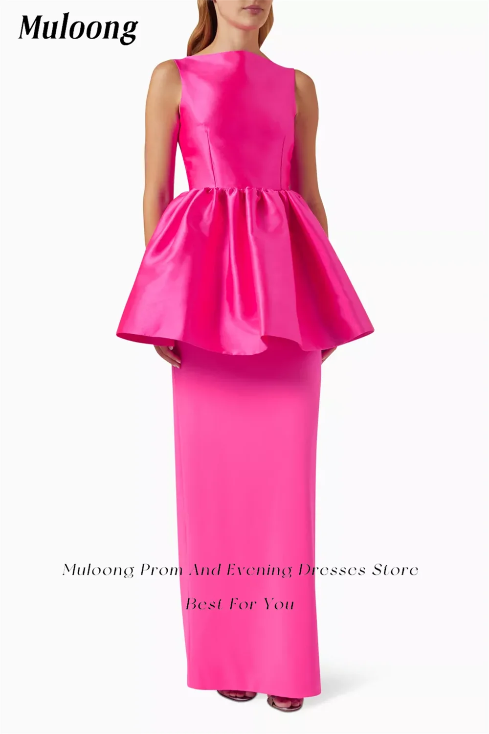 Muloong Pink Boat Neck Mermaid Midi Dress Ruffled Peplum Waist Ankle Length Classic Luxury Evening Dress Back Split Dress