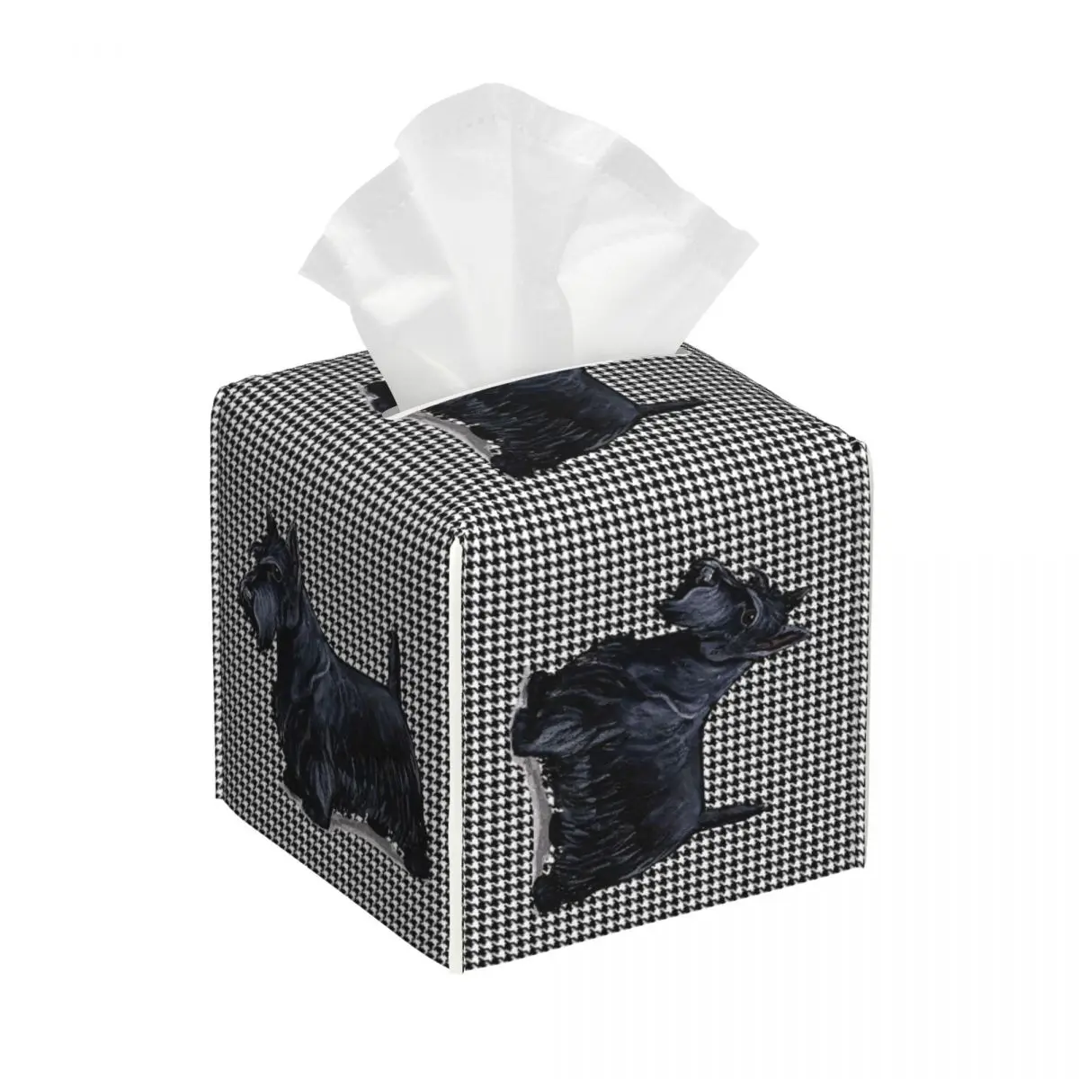 Custom Scottish Terrier Houndstooth Tissue Box Cover Square PU Leather Pet Scottie Dog Facial Tissues Holder for Office