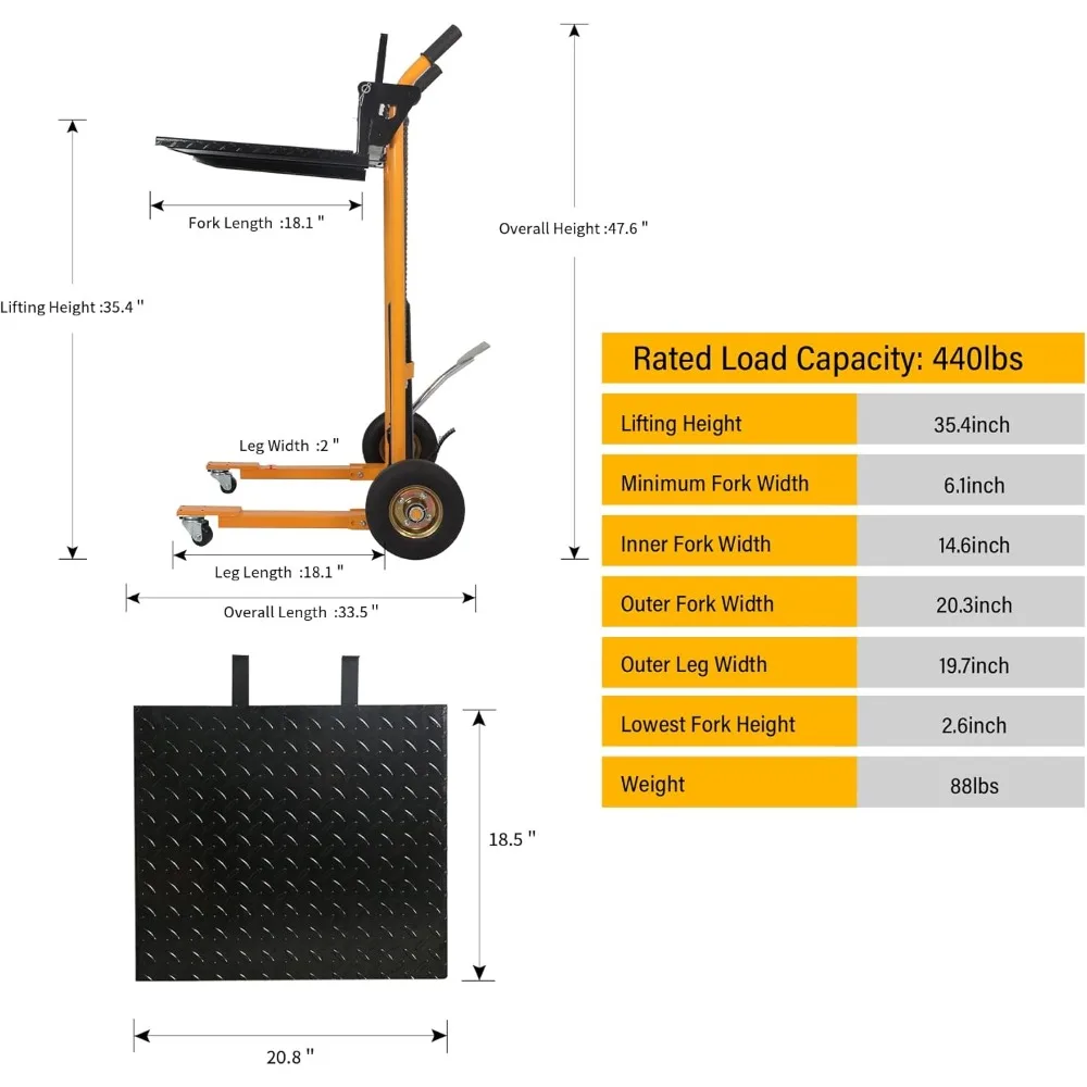 Empilhador de guincho de elevação de material, 440 libras, dolly de caminhão de paletes hidráulico de elevador máximo de 35,4", mesa de elevação, elevador de paletes manual, elevador de garfo, H