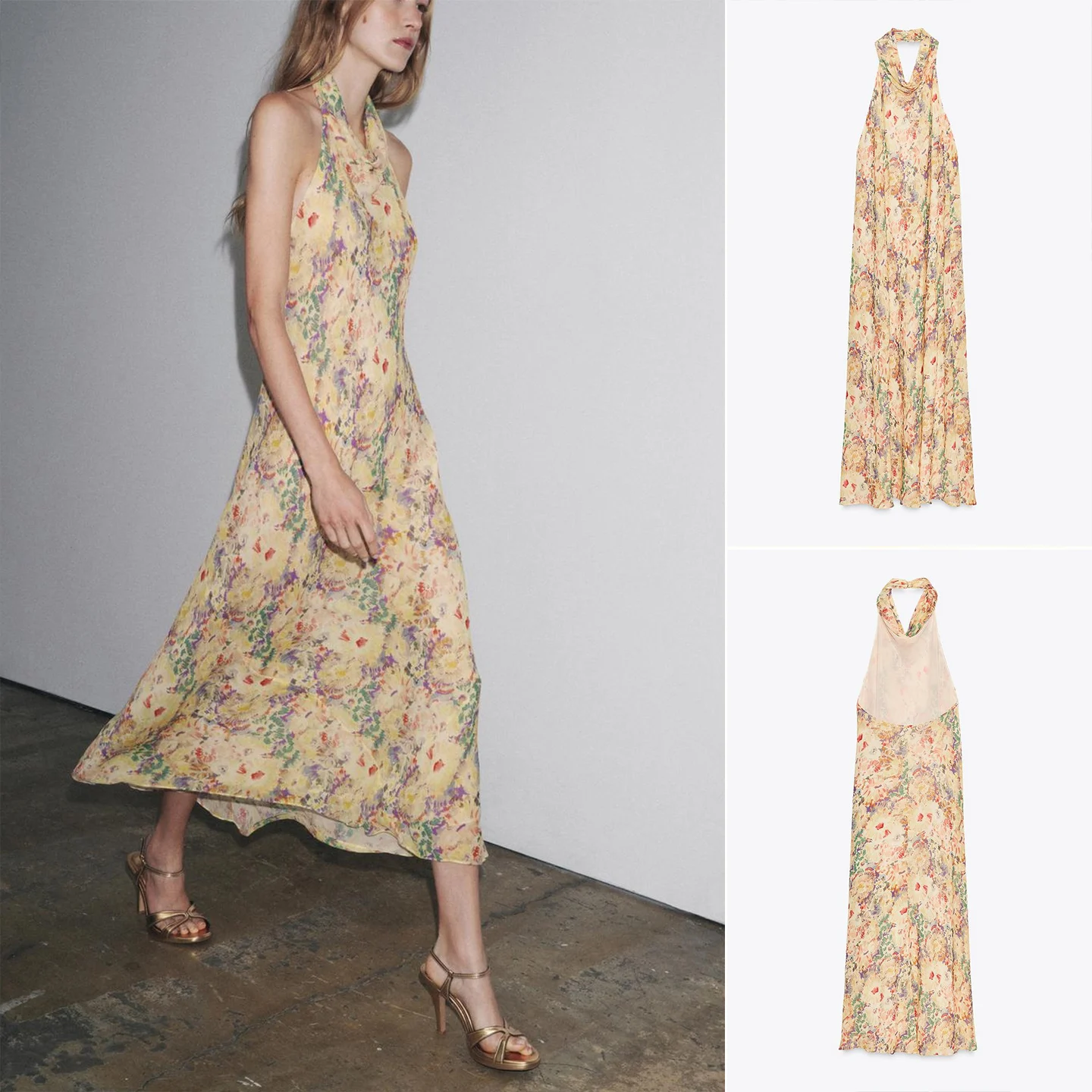 Vestido F Novo de Verão Estilo Casual Longo com Estampa Floral, Gola ter e Saia em Camadas de Fibra de Poliéster