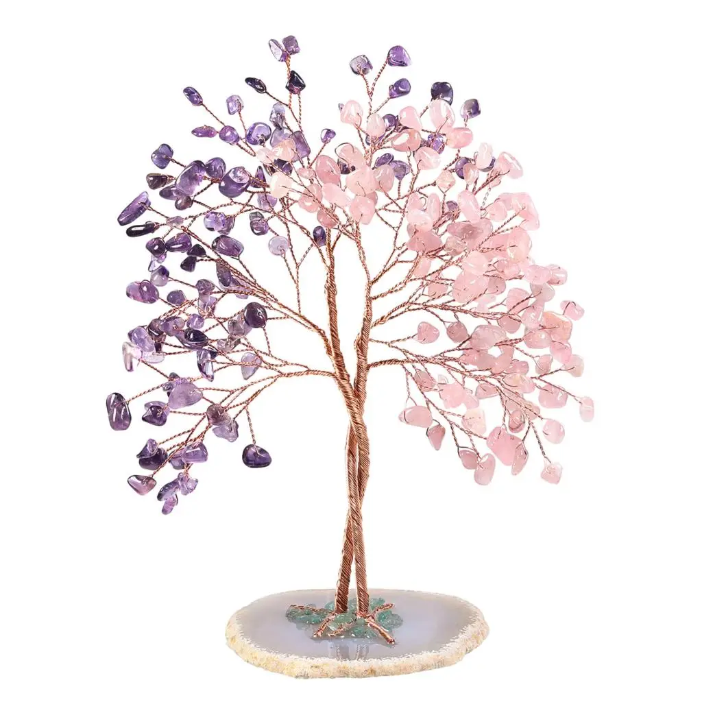 Imagem -05 - Artesanal de Quartzo Rosa e Água Marinha Árvore de Cristal com Ágata Slice Base Lucky Money Tree Feng Shui Home Decor