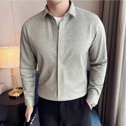 Autumn Winter New Thick Warm Woolen Shirt High-end Zipper Design Seamless Striped Shirt Fashion Men Casual Social Party Tuxedo