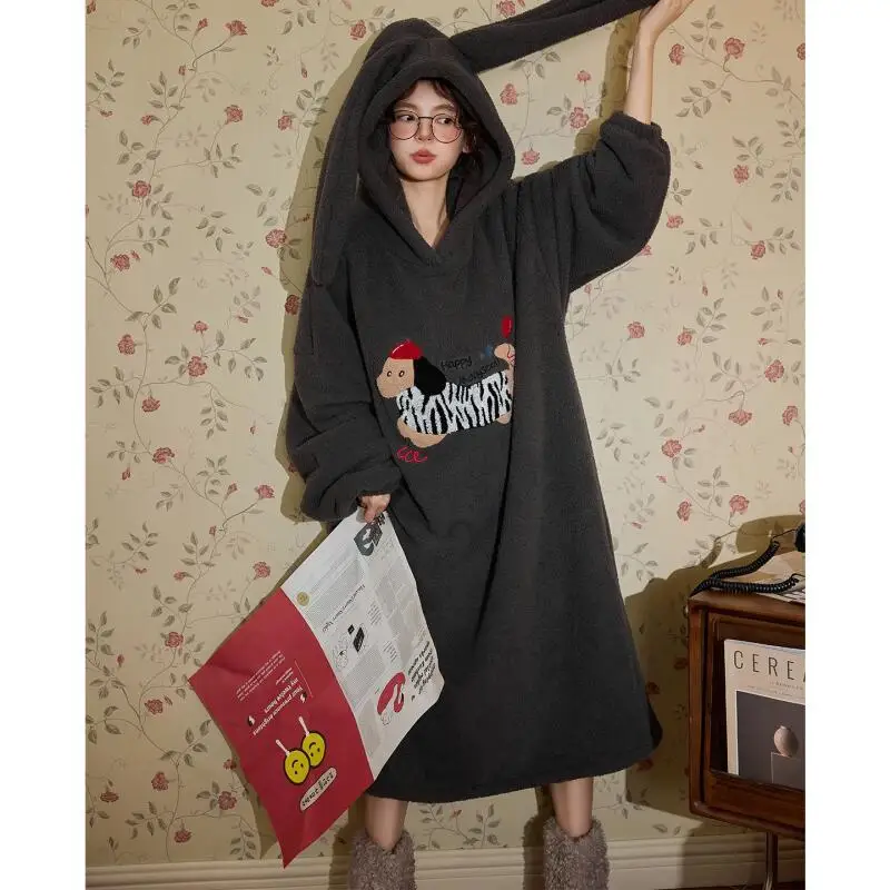 

Winter Kawaii Girl Nightdress Cartoon Women Pajamas Half-Pile Sleepwear Keep Warm Wearable As Outerwear Nightwear Cute Homewear