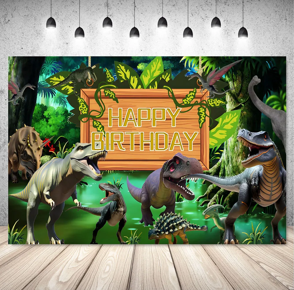 Cartoon Dinosaur Photography Backdrop Kids 1st Birthday Jurassic World Dino Banner Background Green Leave Photo Studio Props