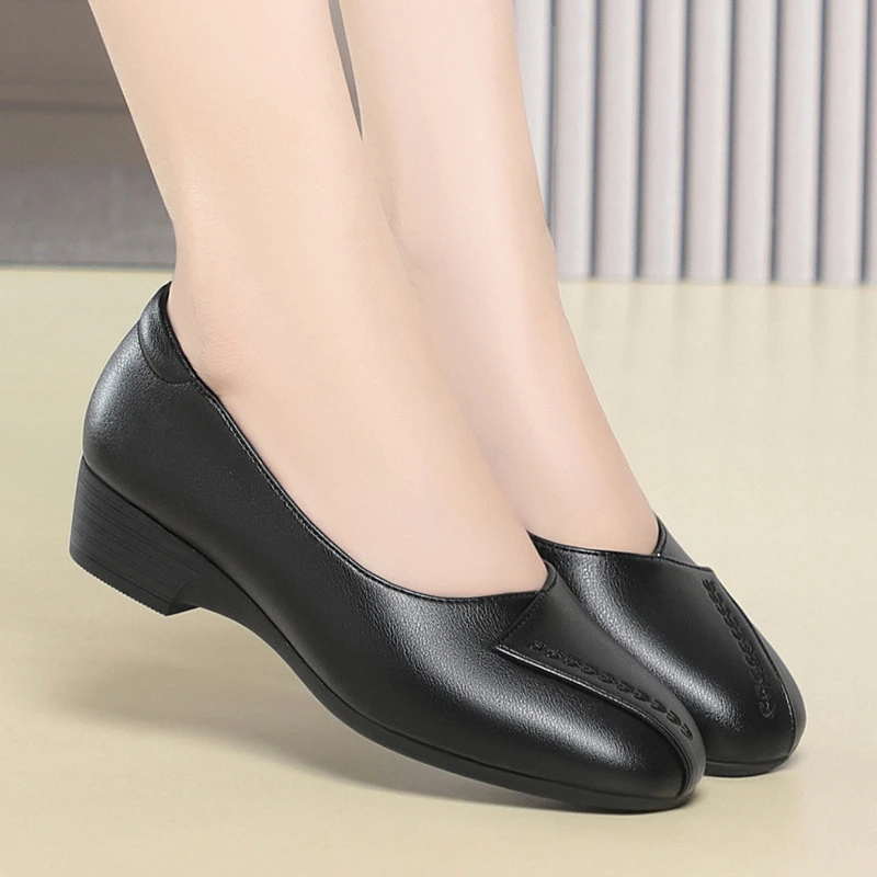 

Womens Black Leather Low Heel Pumps Comfortable Slip On Shoes Soft Insole Non Slip Outsole For Office Work And Daily Wear