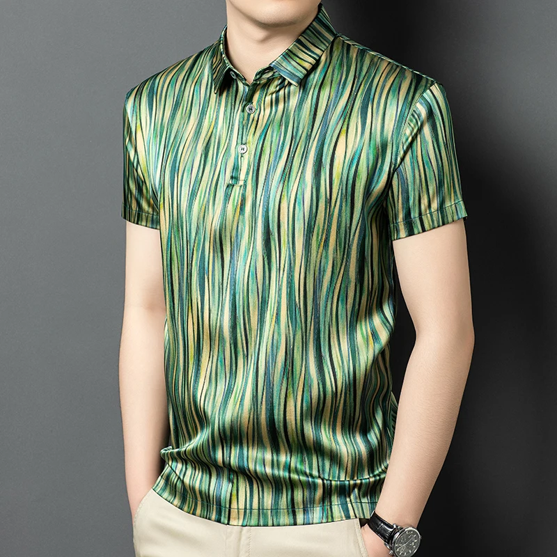Lightweight Smooth Silk Polo Shirts For Men Short Sleeved Green Summer High Quality Soft Comfortable Easy Care Camisas De Hombre
