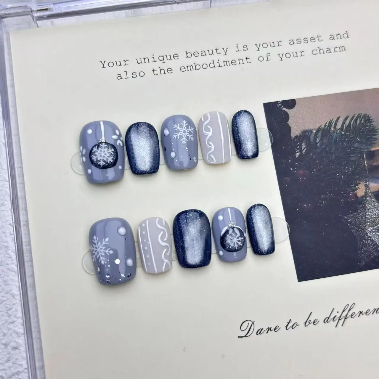 

10pcs Handmade Press on Nails Christmas Frozen Blue Cat-Eye Full Coverage Nail Tips for Women&Girl Removable Wearable Nail Art