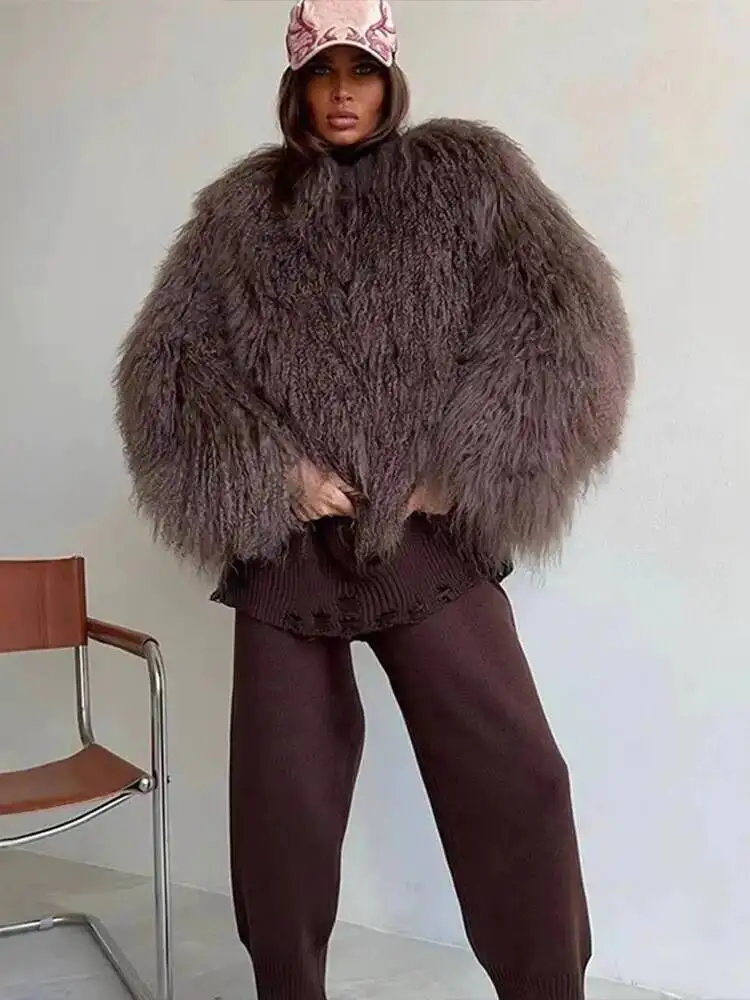 FANAN Fashion Brown Faux Fur Coat Women's Round Neck Loose Long Sleeves Thick Plush Short Jacket Streetwear 2025 Winter New