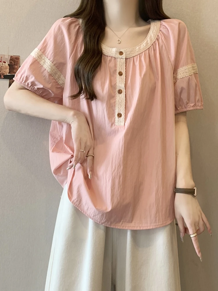

Pink Sweet Bubble Short Sleeve Base Shirt Women's Summer Clothes plus Size Conceal Belly Meat Upper Doll Shirt Korean Style
