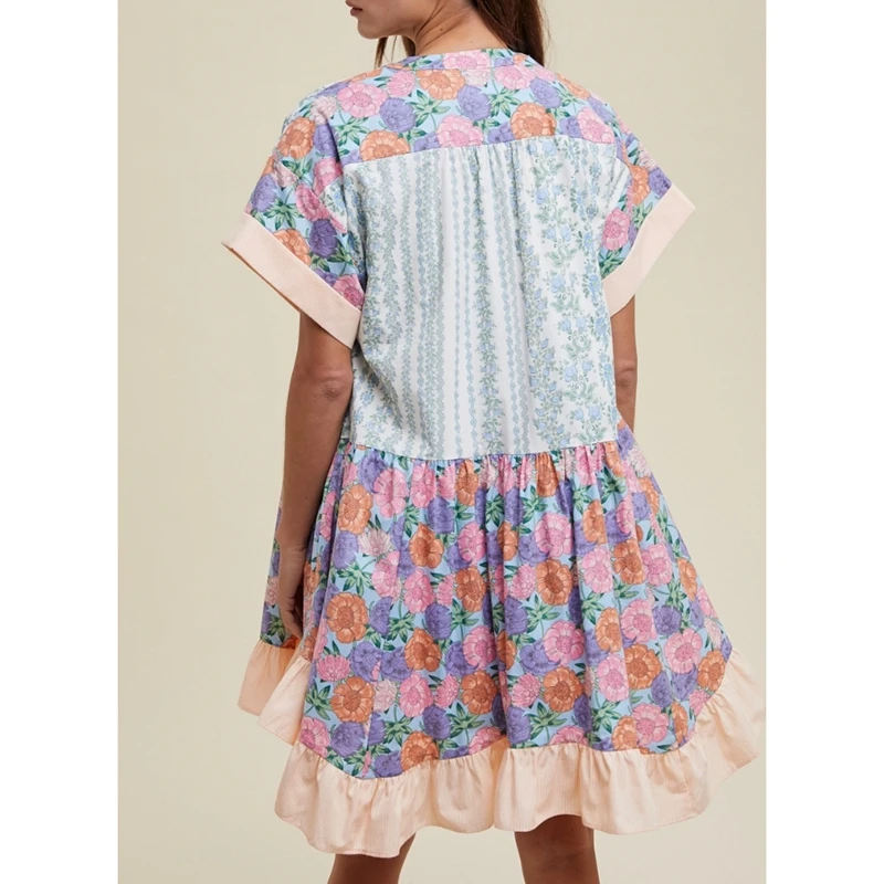 Combhasaki ผู้หญิงฤดูร้อน Boho Vintage Floral พิมพ์ Contrast สี Batwing แขนสั้น V คอ Ruffle Hem หลวมชุดมินิสั้น