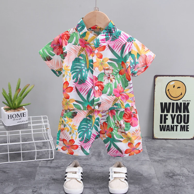 Children\'s Boy\'s Clothing Toddler Girl Clothes Boys Sets Clothing Short Sleeves+Pants 2 Pieces Floral Print Cotton Beach Style