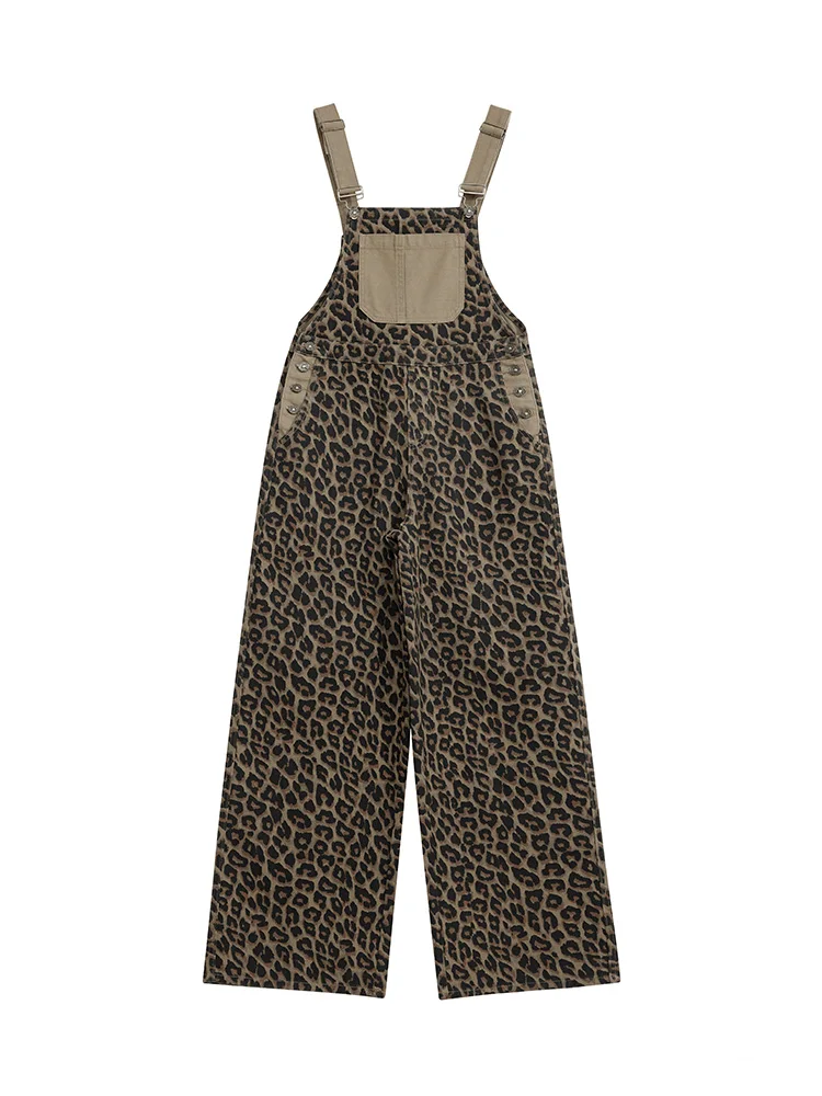 Women's Leopard Print Bib Overalls Denim Y2K American High Street Harajuku Fashion Aesthetic College Retro Casual Bib Overalls