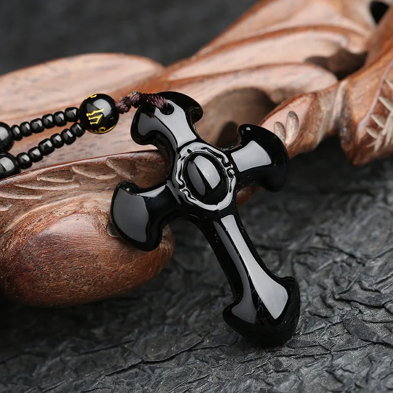 Natural Stone Obsidian Cross Amulet Necklace Hand Carved Pendant With Lucky Free Beads Chain For Women Men Jewelry