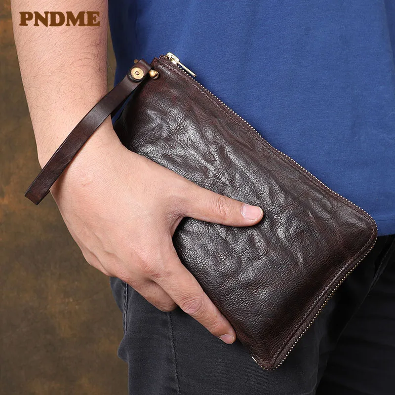 Fashion vintage high quality natural genuine leather men\'s women\'s clutch bag casual simple luxury cowhide phone tablet wallet