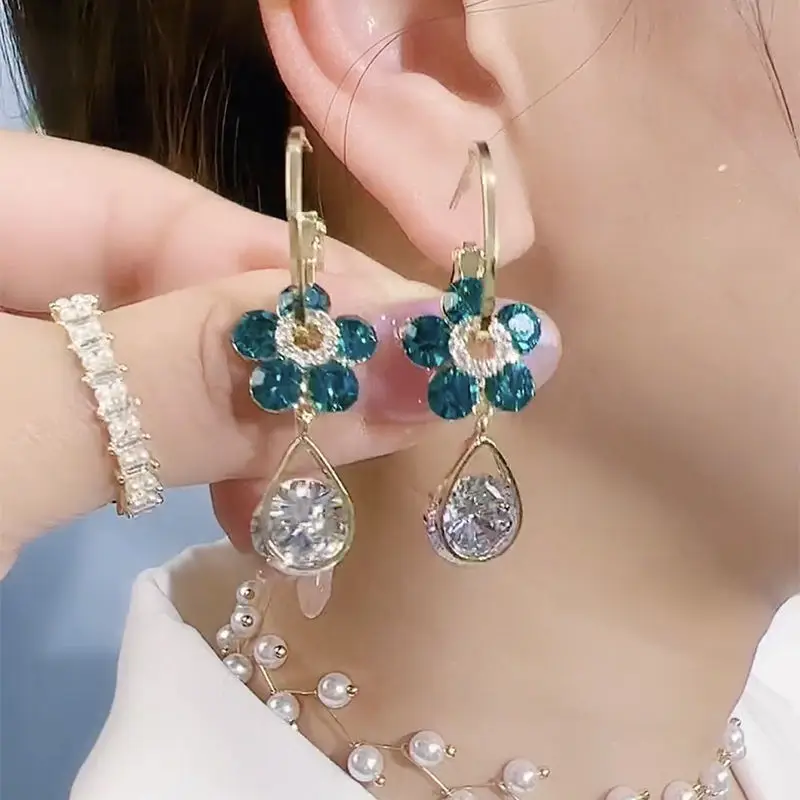 S925 Silver Needle Purple Blue Crystal Flower Drop Earrings 2024 Trendy Design Female Luxury Shining Zircon Earrings Wholesale