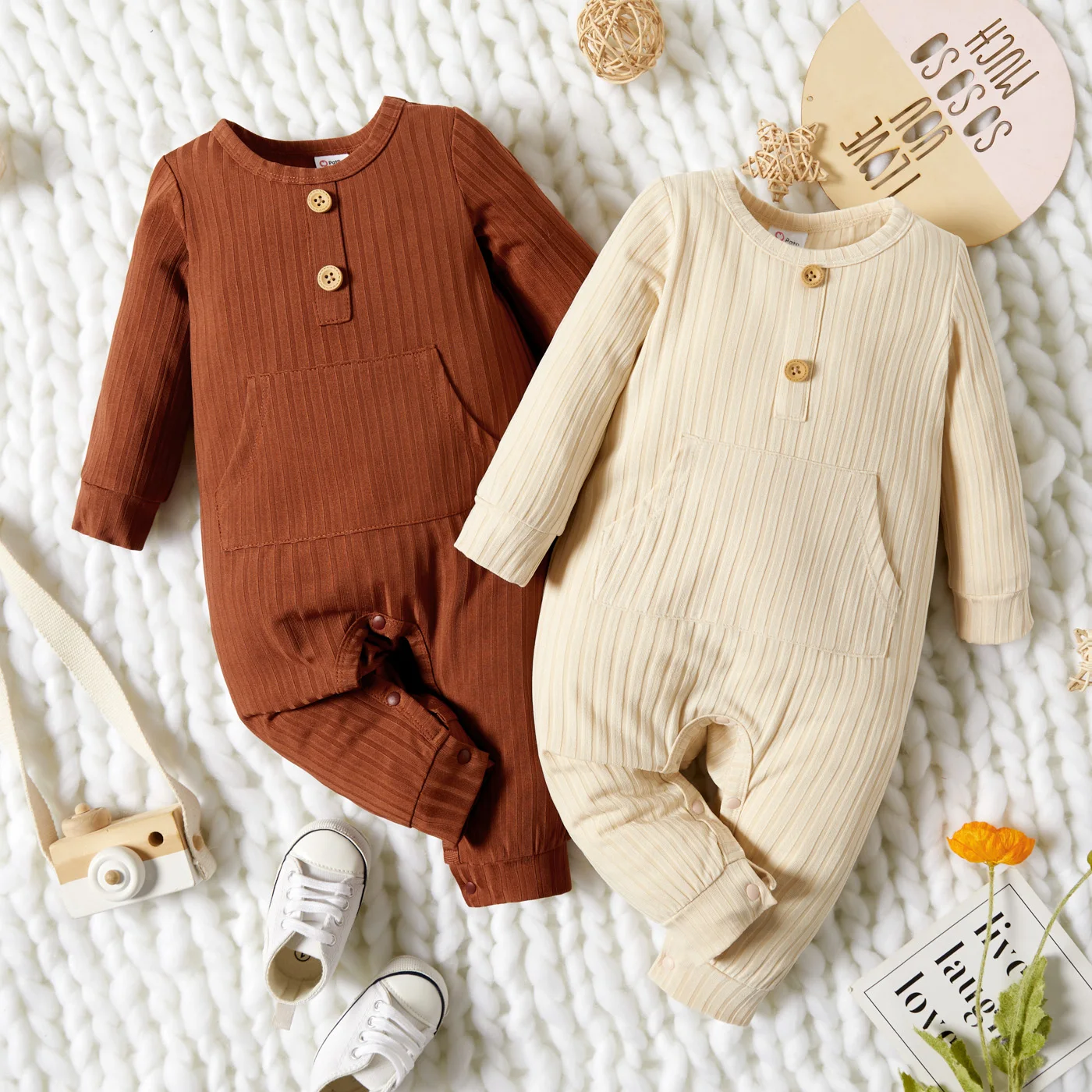 

Baby Boy Girl Solid Ribbed Long-sleeve Jumpsuit with Pocket