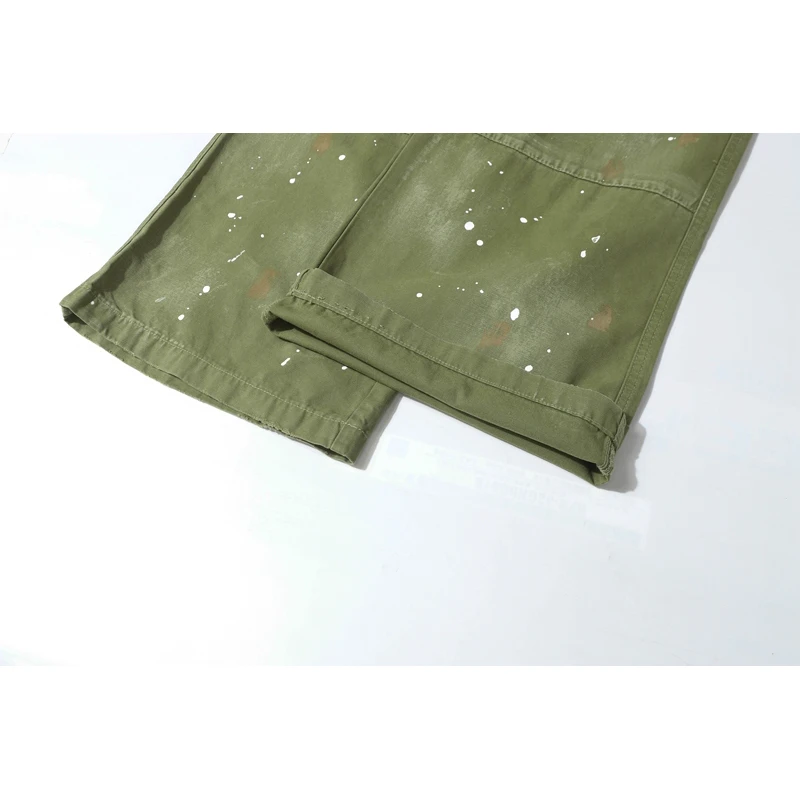 Hip Hop Splashing Ink Graffiti Green Cargo Pants Men Ripped Washed Cargo Trousers Relaxed Fit Straight Wide Leg Baggy Pants Y2k