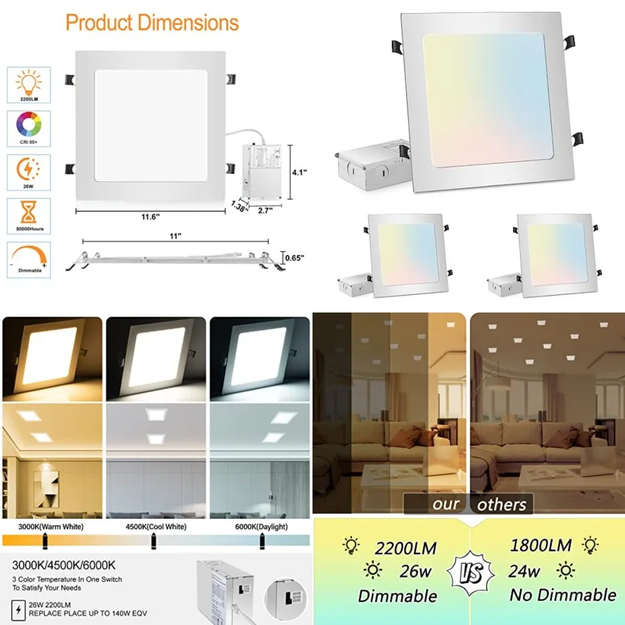11 inch Square LED Recessed Lighting: 2-Packs 26W 2200 Lumens Dimmable Recessed Light with Junction Box, 3CCT 3000K-6000K Adjus
