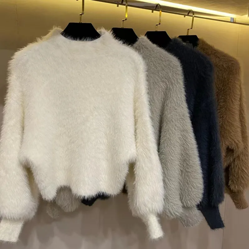 Premium-Strickpullover mit hohem Kragen und modischem Ganzjahres-Nerzfell für Damen, langer Sve-warmer, verdickter Wintermantel