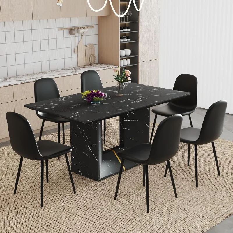 Dining Table Set for 6, 63'' Kitchen Table and Chairs for 6, Black Faux Marble Table and 6 PU Leather Modern Chairs Set