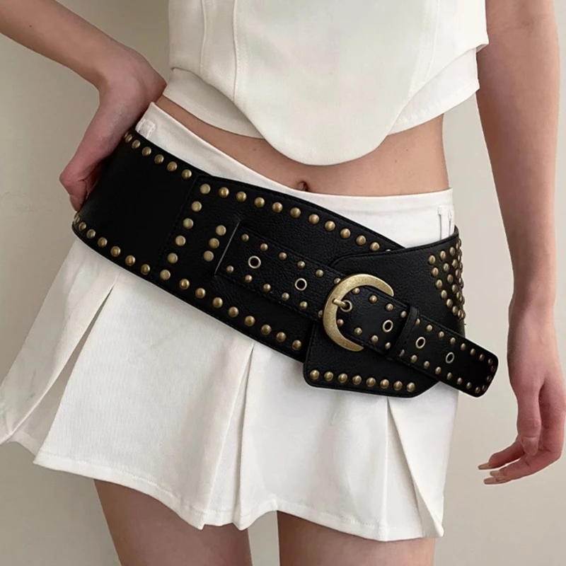 

Rivet Studded Wide Belt for Women Men Unisex Vintage Punk Cincher Belt for Jeans Pants Teens Decorative PU Leather Waistband