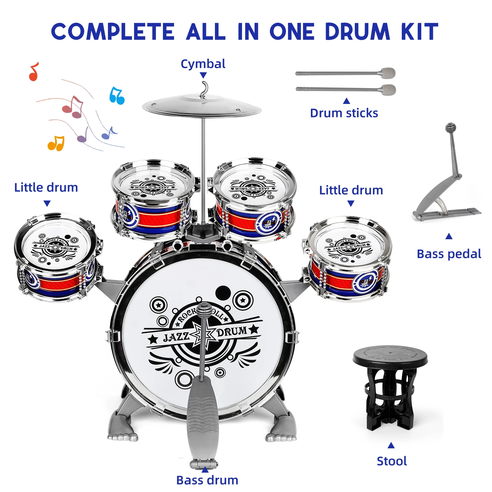 Kids Drum Set with Stool Drumsticks Cymbal Musical Instrument Toy Kid Jazz Drum Kit for 3-6 Year Little Rockstar