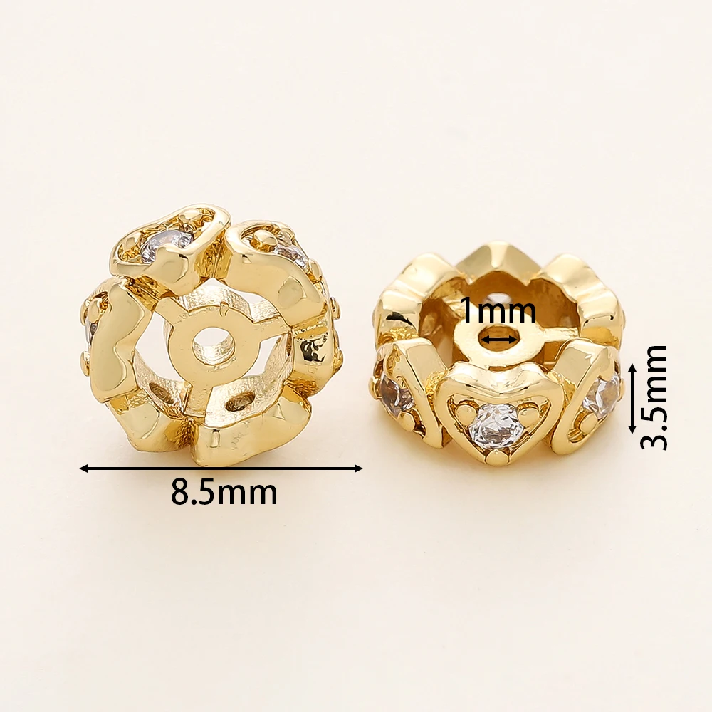 5/10Pcs 14/18K Gold Color Plated Brass Round Heart Spacer Beads with Zircon for DIY Bracelet Necklace Jewelry Making Accessories