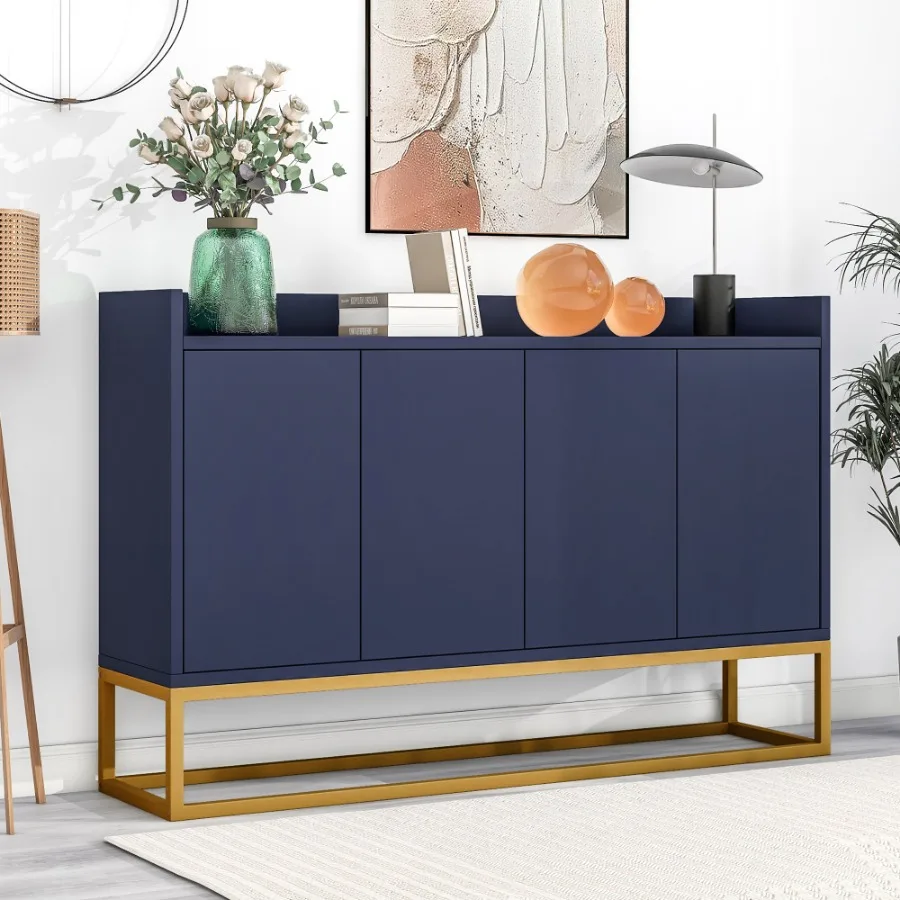 Modern sideboard in minimalist style 4-door handleless buffet cabinet for dining room, living room, kitchen (navy blue)