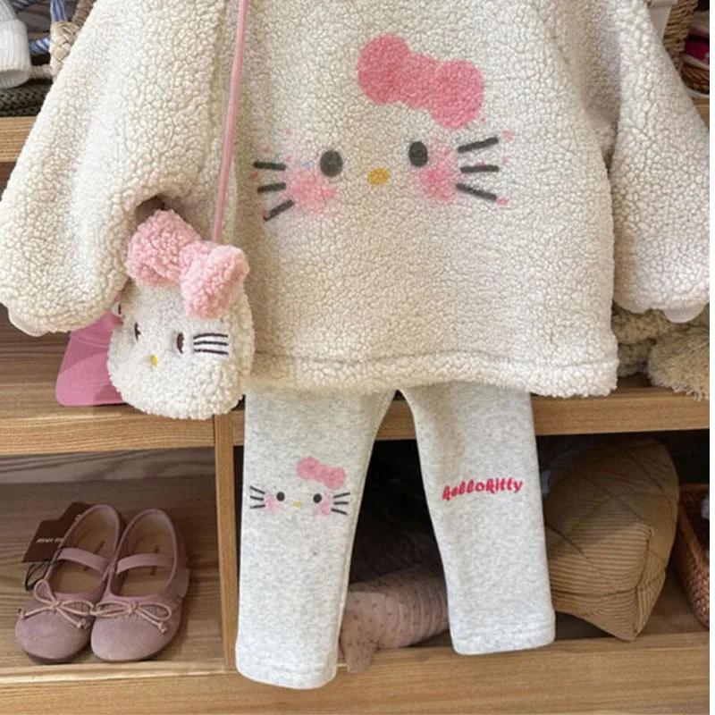 2 szt. Kawaii Hello Kittys dziewczyny jesienno-zimowa pluszowa bluza z motywem kreskówkowym garnitur nowe dzieci zagęszczone topy z długim rękawem spodnie śliczne