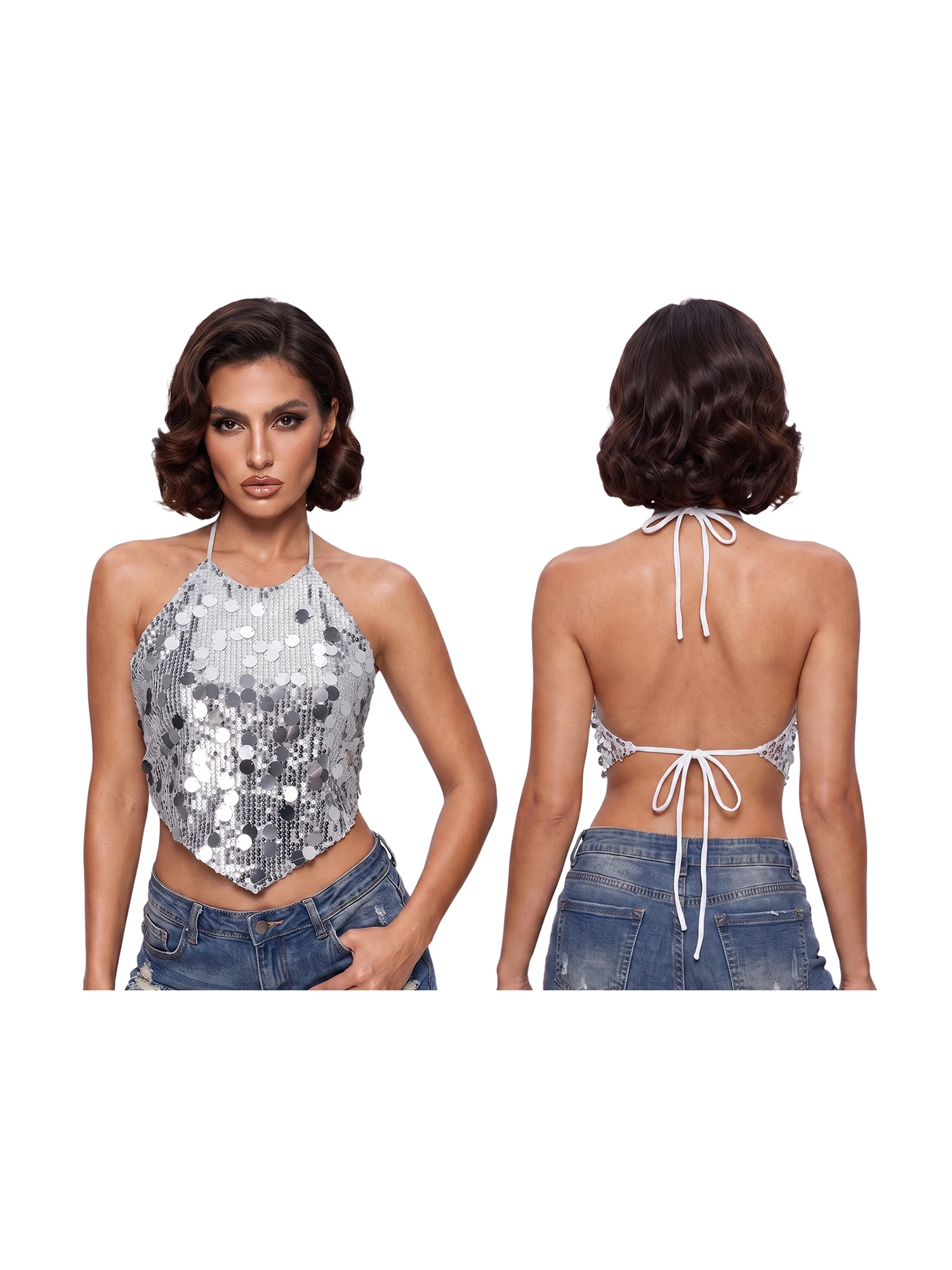 Damen Einfarbige Pailletten-Neckholder-Tops Sommer Rückenfreie Glitzernde Crop-Weste – Detail 7