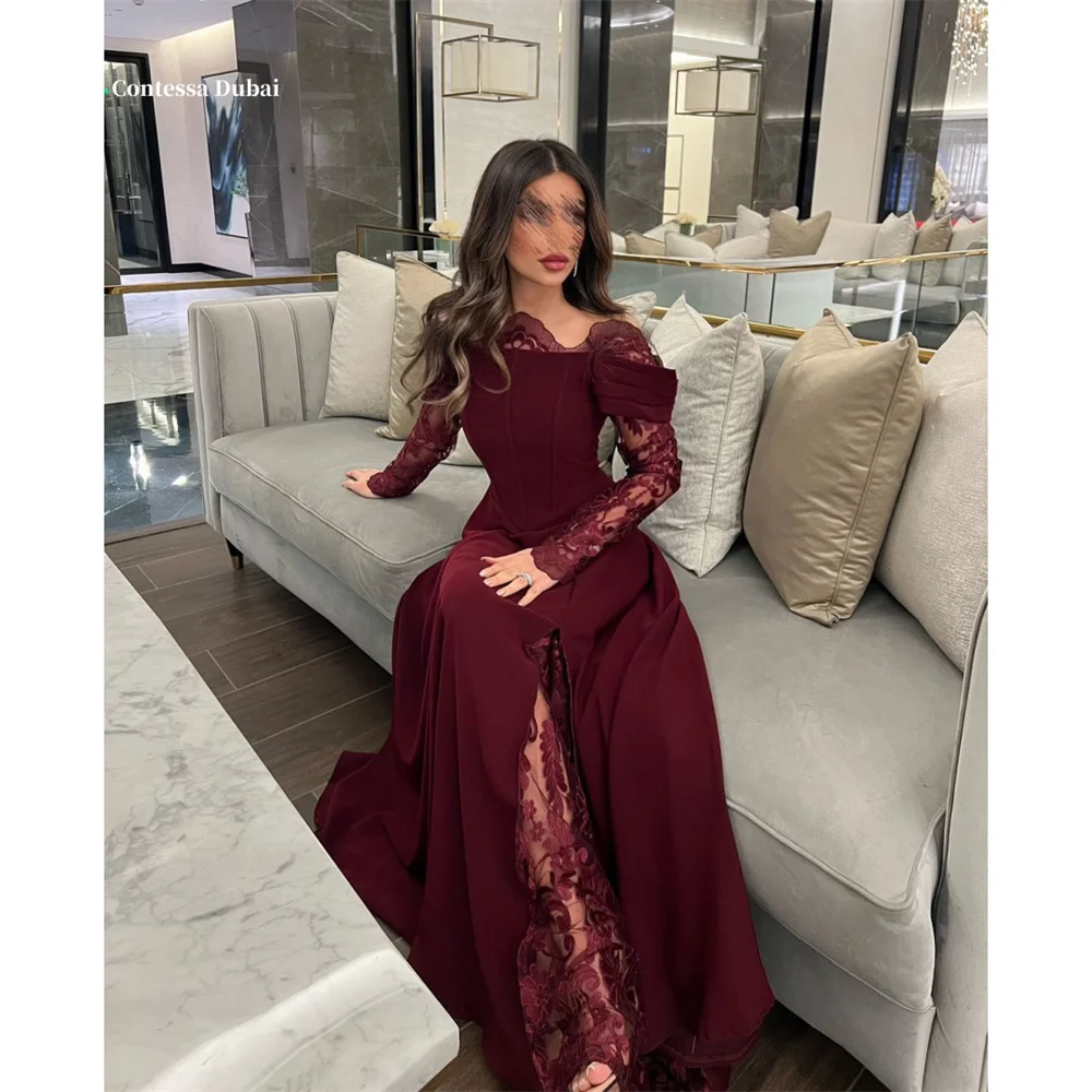 

Платье для выпускного вечера Contessa Dubai бордового цвета с кружевной отделкой на талии и вырезом с открытыми плечами فساتين equilibrium сегменти длиной до пола