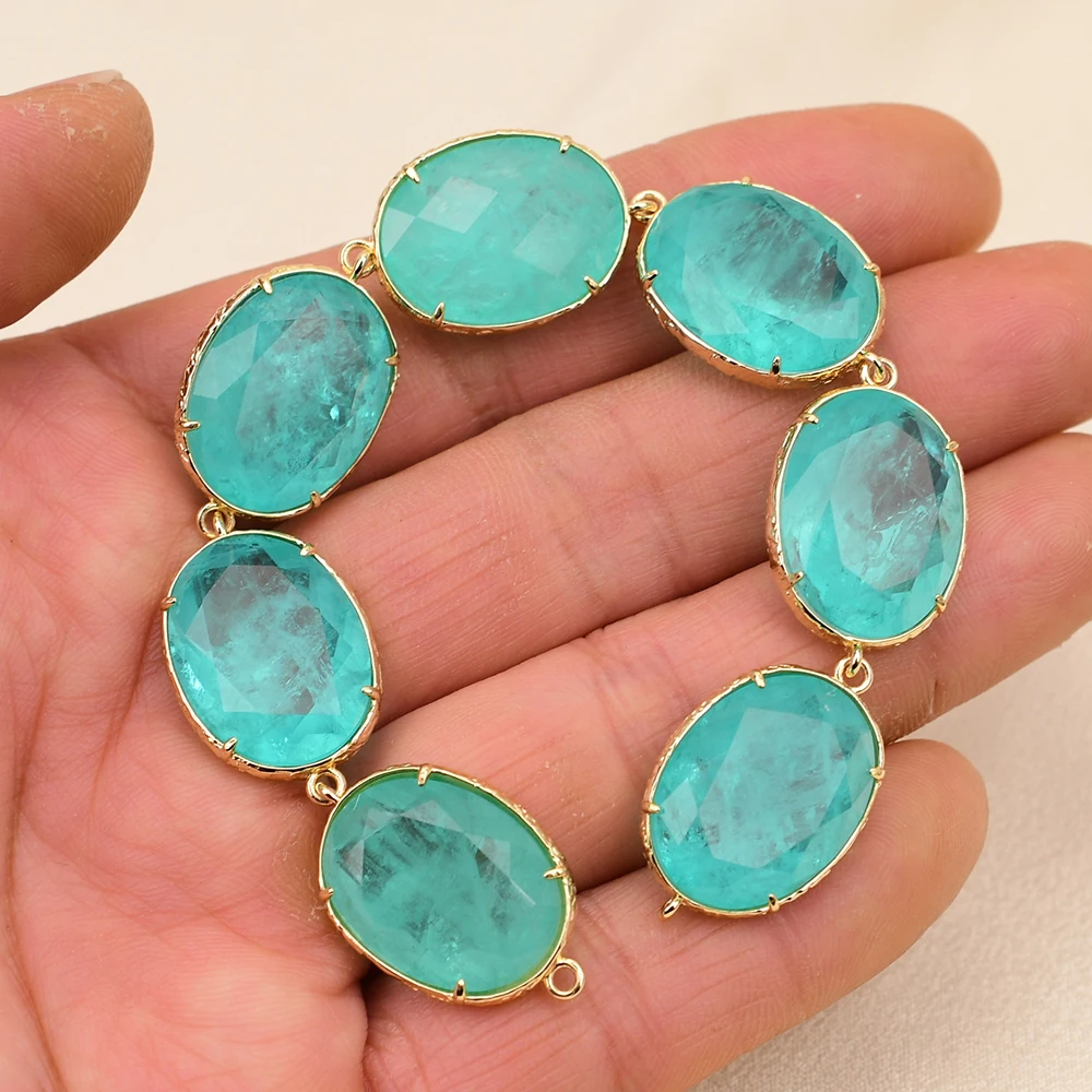 APDGG 5 Pcs Natural Precious Colored Stones Green Quartz Druzy Beads Gold Plated Metal Connectors For Jewelry DIY