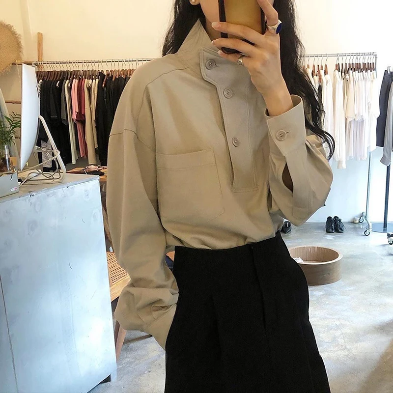 Y2k Harajuku Women Shirts Korean Loose Stand Collar Pockets Female Blouse Autumn Fashion All Match Chic Button Ladies Casual Top