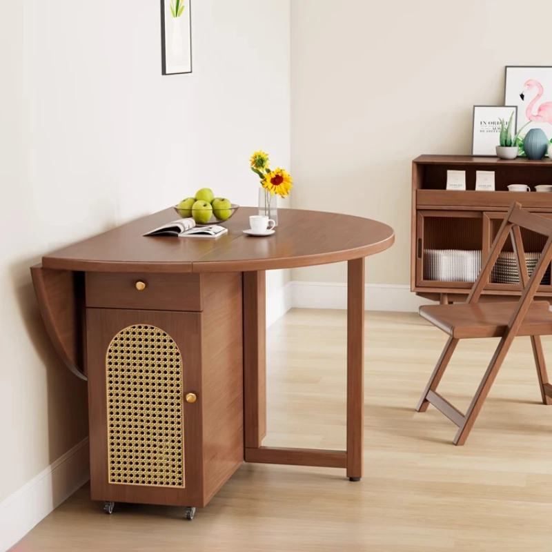 

Nordic Dining Room Sets Household Small Apartment Folding Wood Dining Table Chairs Antique Rattan Round Combination Movable