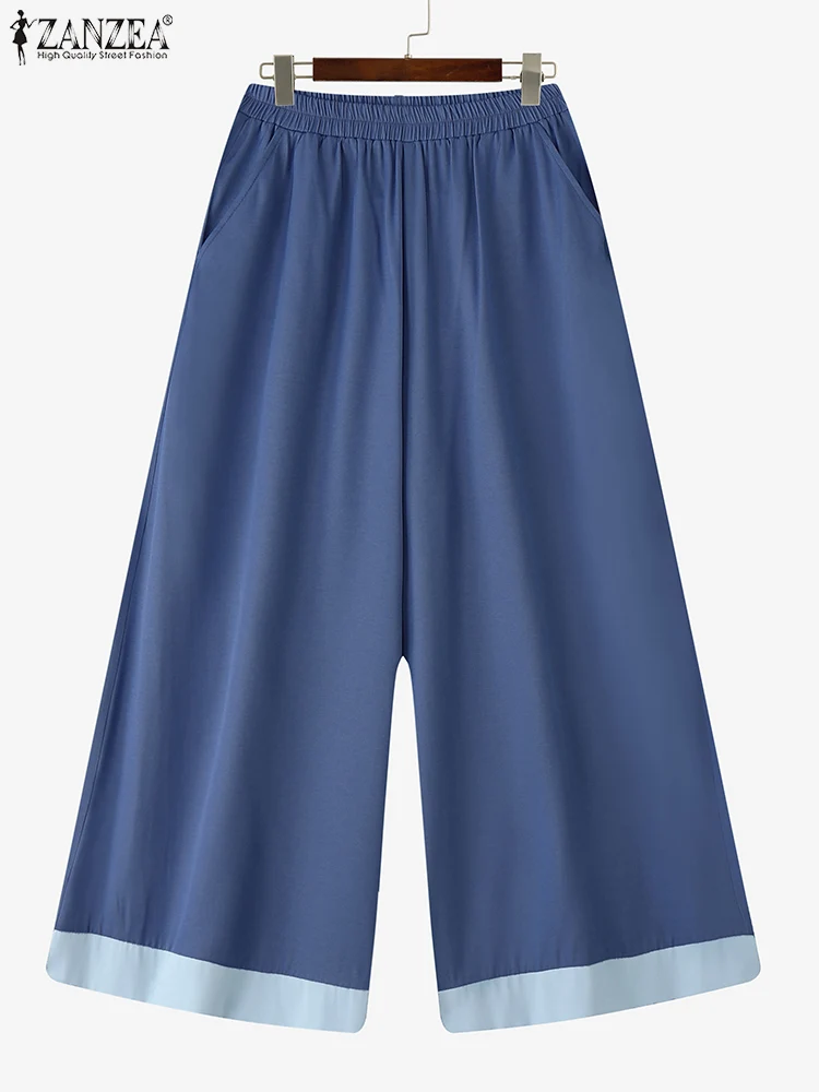 ZANZEA Korean Fashion Faux Denim Wide-Leg Pants Women Loose Casual Elastic High Waist Color-Block Trousers 2025 Autumn Bottoms