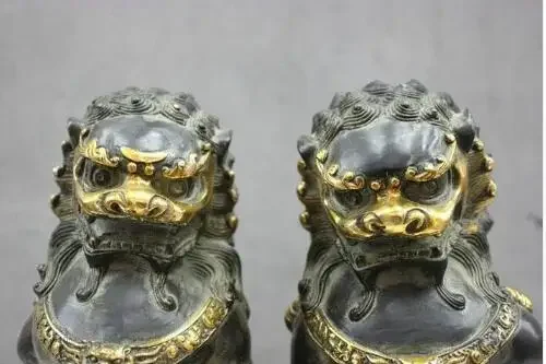 Chinese Folk Culture bronze statue Fu Dog Lion Ball Pair Statue