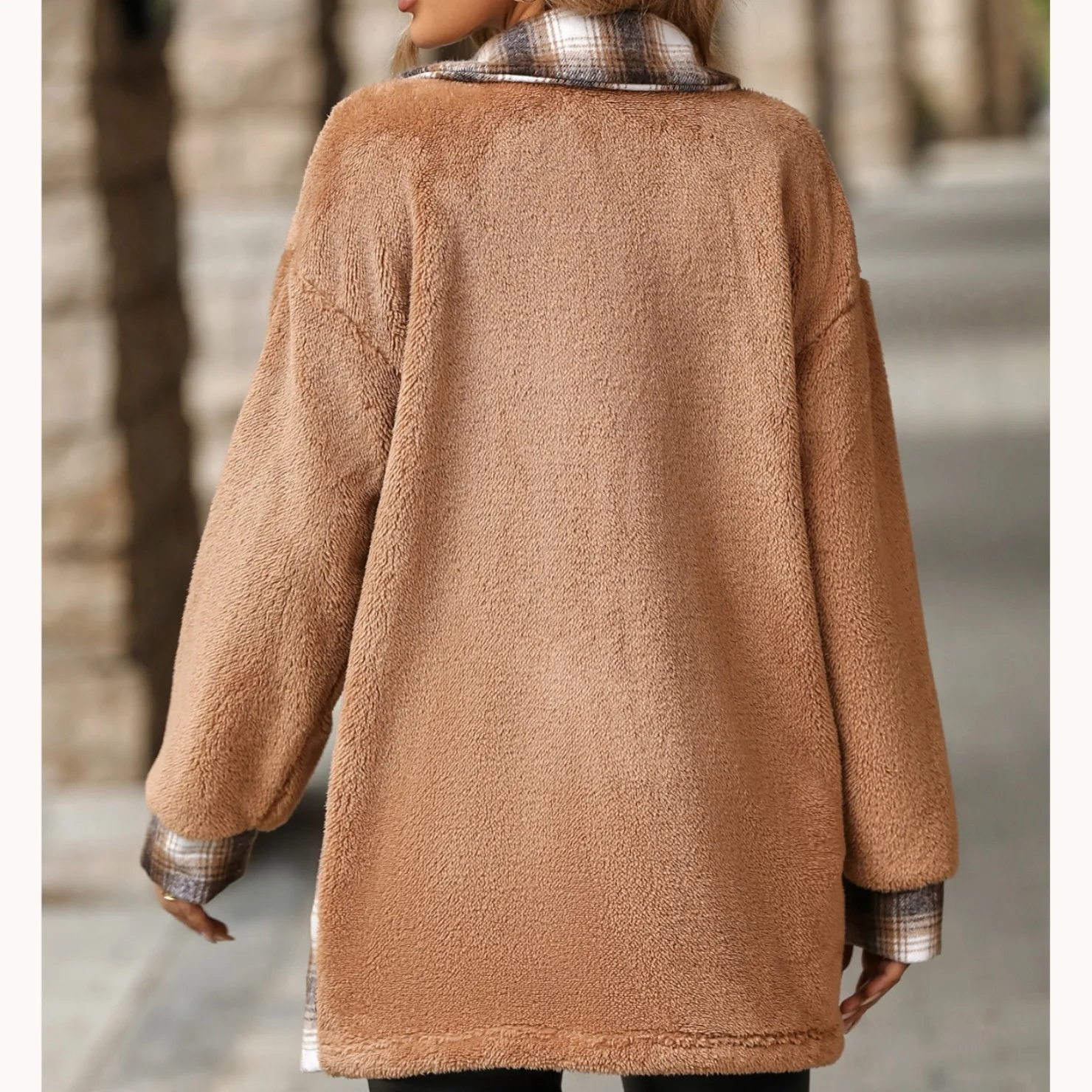 Ropa De Invierno Para Mujer Autumn Winter Spliced ​​button Single-breasted Plush Coat Women's Plaid Pocket Lapel Mid-length Coat