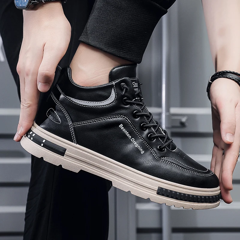 Trendy Men Black Sports Comfortable Low Top Casual Flat Bottom Wear-resistant Outdoor Hiking Lace Up Work Shoes Platform Boots