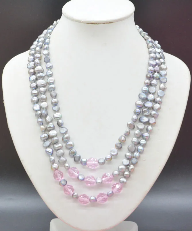 

Unique. 3 rows of vintage style natural gray baroque pearl necklace, classic ladies jewellery 18-23”