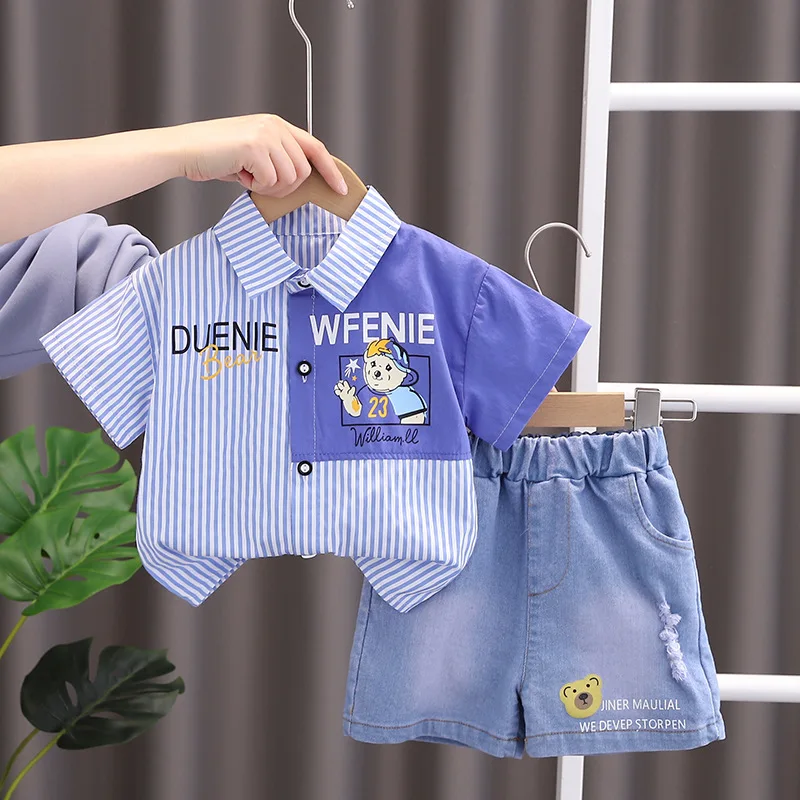 New Summer Baby Boys Girls Clothes Suit Children Fashion Cartoon Bear Stripe Shirt Denim Shorts 2Pcs/Sets Kids Casual Tracksuits