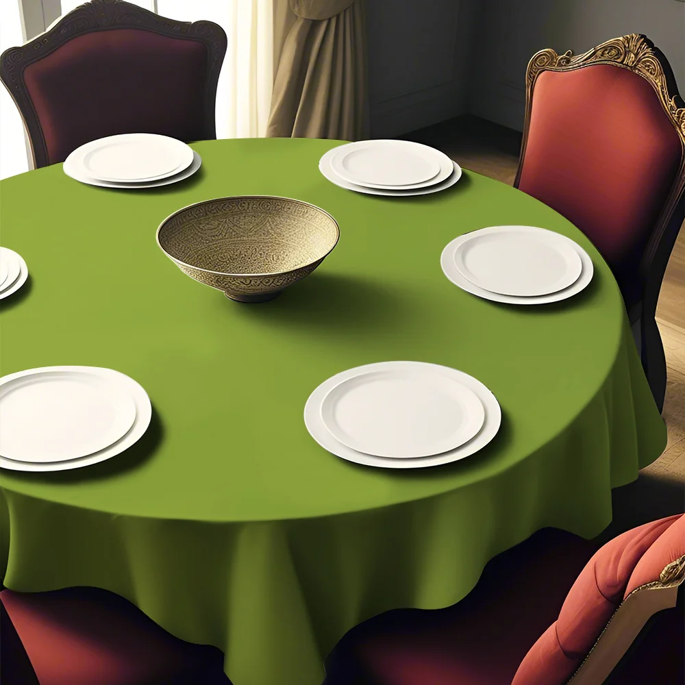 The new printed round tablecloth is a pure shade of green, presenting a refreshing green hue throughout.