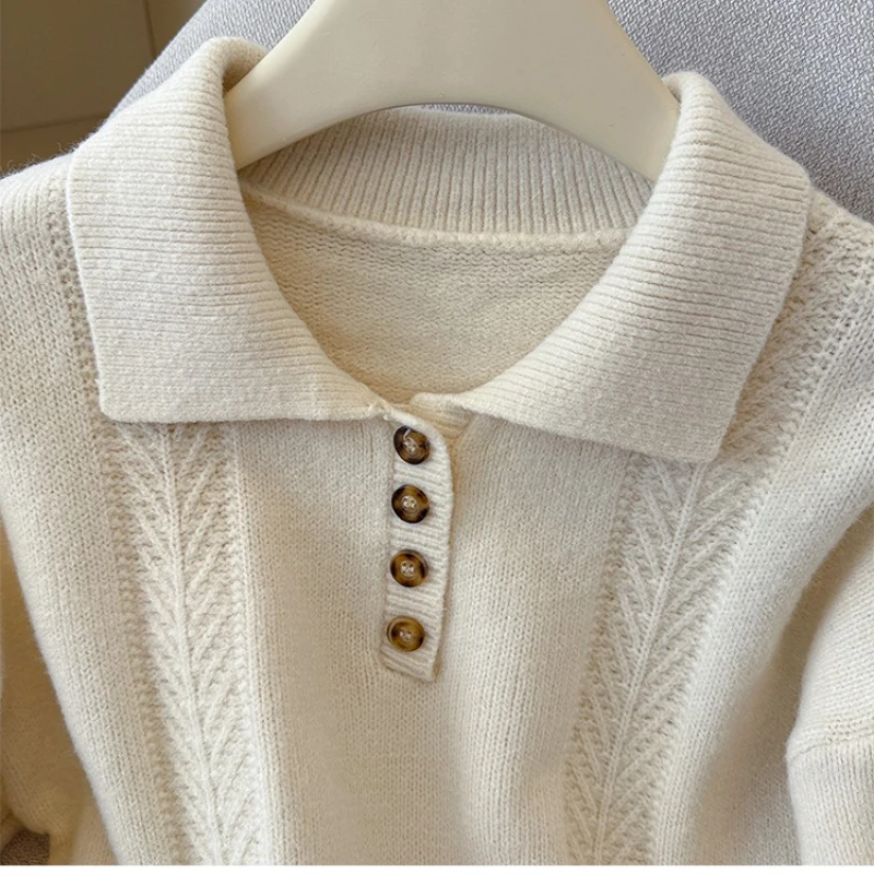 REALEFT Autunno Inverno Lavorato A Maglia Polo Collare Maglioni da Donna 2025 Nuova Manica Lunga Elegante Patchwork di Pizzo Coreano Allentato Pullover Top