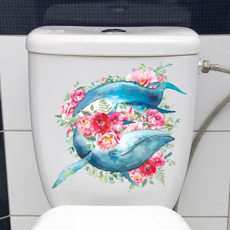 Ocean Series Toilet Stickers Watercolor Hand Drawn Jellyfish Whale Wall Sticker Bathroom Toilet Decor Decals Self Adhesive Mural