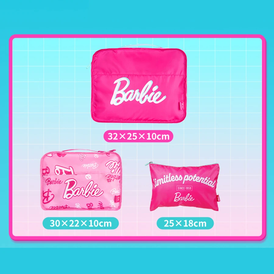 MINISO Barbie Travel Organizer Set Three Piece Packing Bag Cosmetic Pouch Luggage Storage Case Portable Vacation Accessory Gift