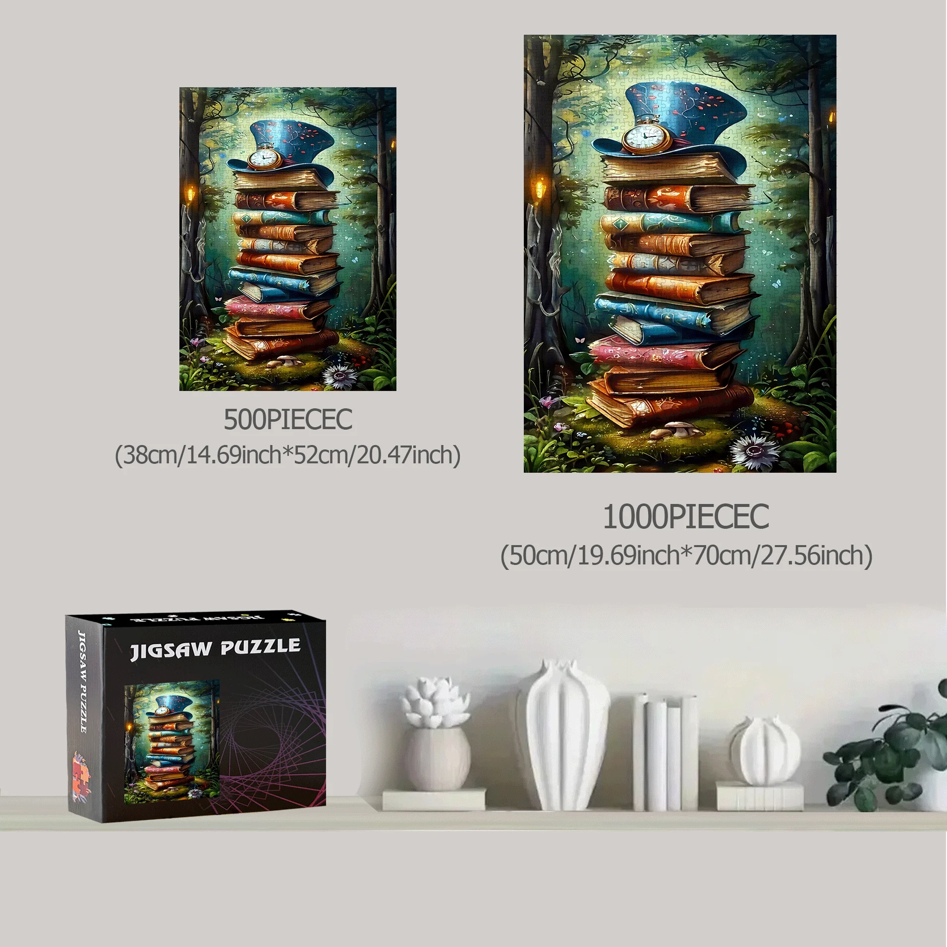Buchstapel- und Hutpuzzle, 500 Stück/1000 Stück, großes interaktives DIY-Familienspiel, Gehirnunchforderung für Heimdekoration – Premium-Spaß-Geschenk