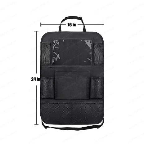 Durable car backseat storage box with multiple pockets for media playback