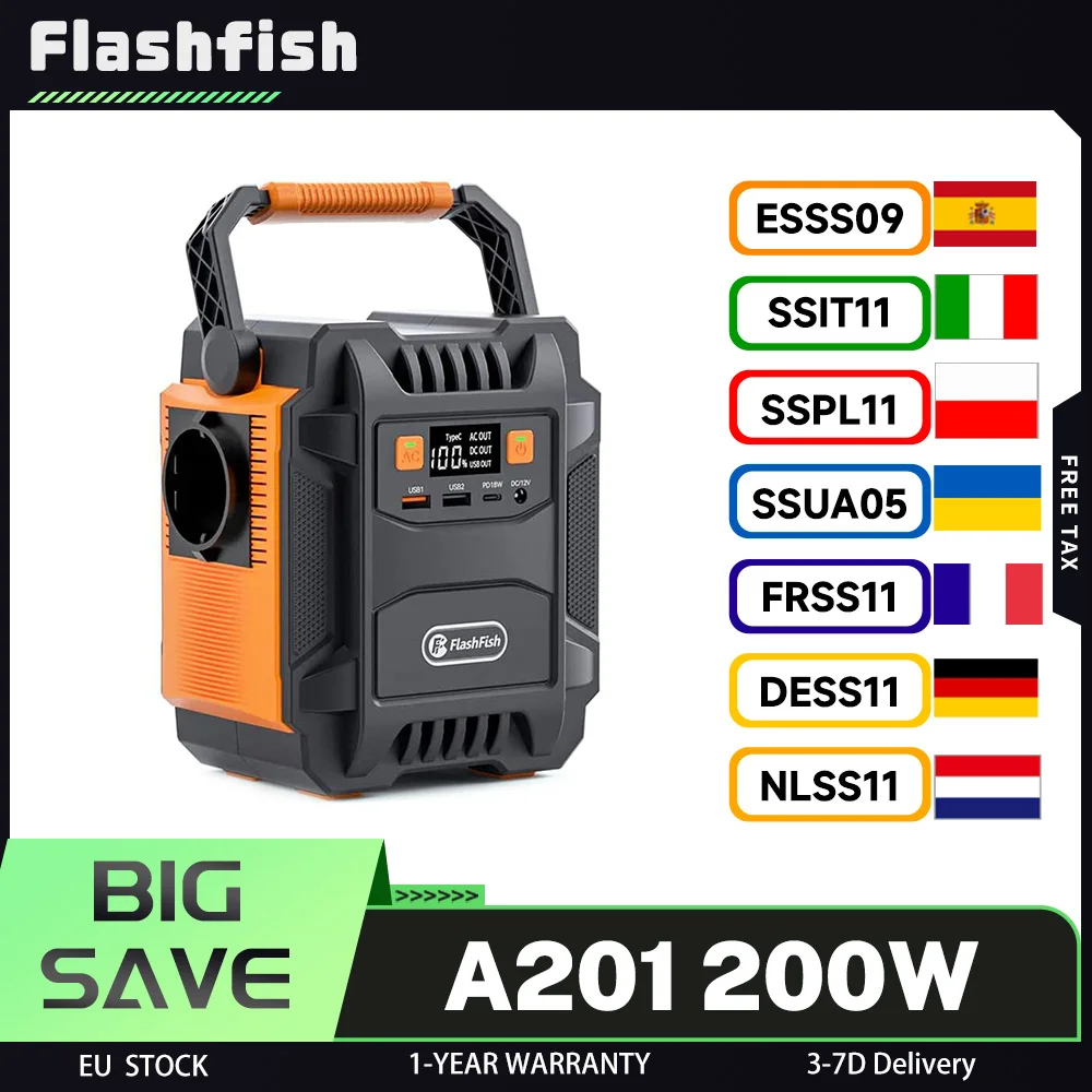 Estación de Energía Portátil Flashfish A201 de 200W, Generador Solar de 172.8WH/48000mAh, Batería de Respaldo con Tomas de CA de 220V, LED
