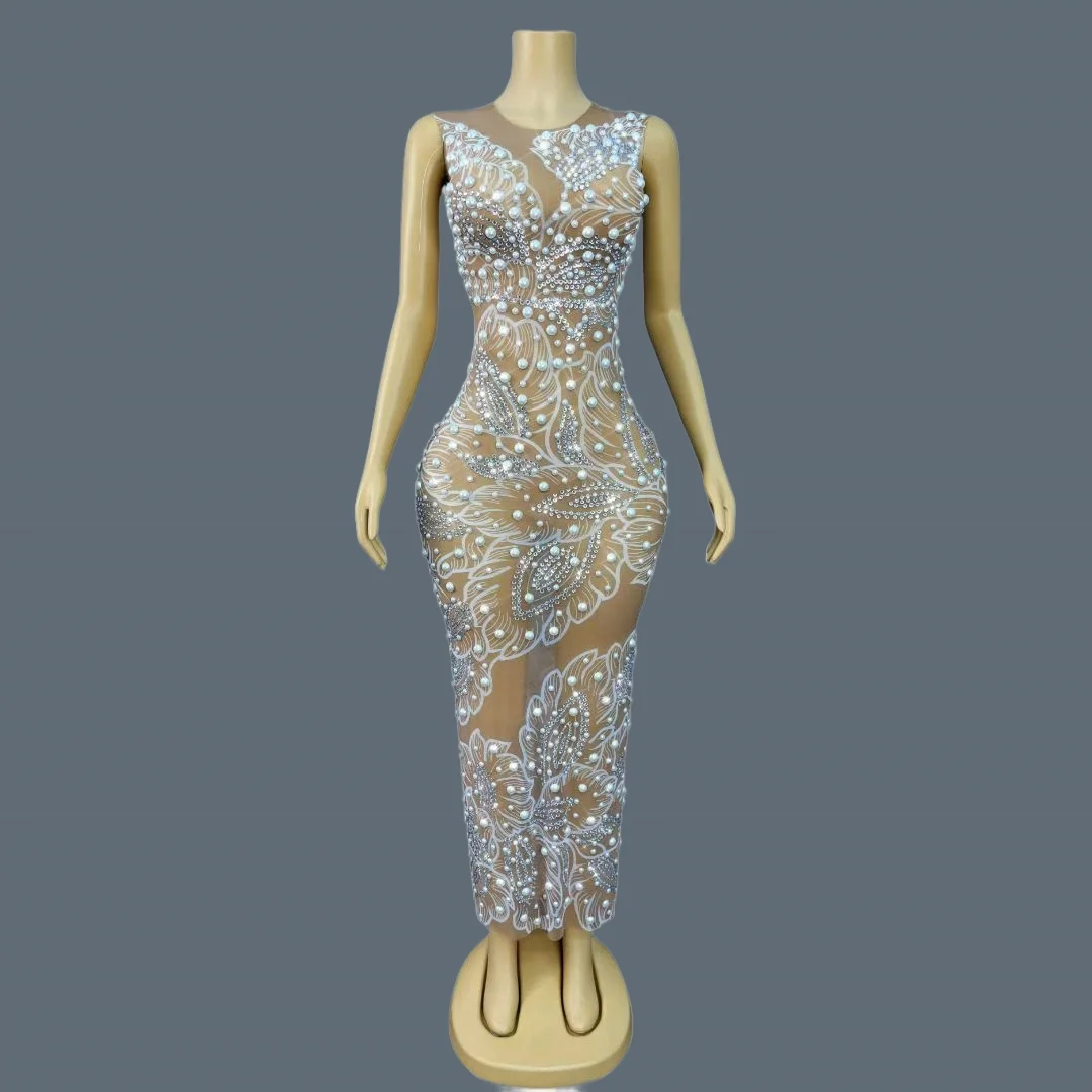 

Elegant Women Luxury Couture High-end Full Pearls Rhinestone Sparkly Evening Dress Petal Printing Bodycon Mesh Gown Zhuhualuo