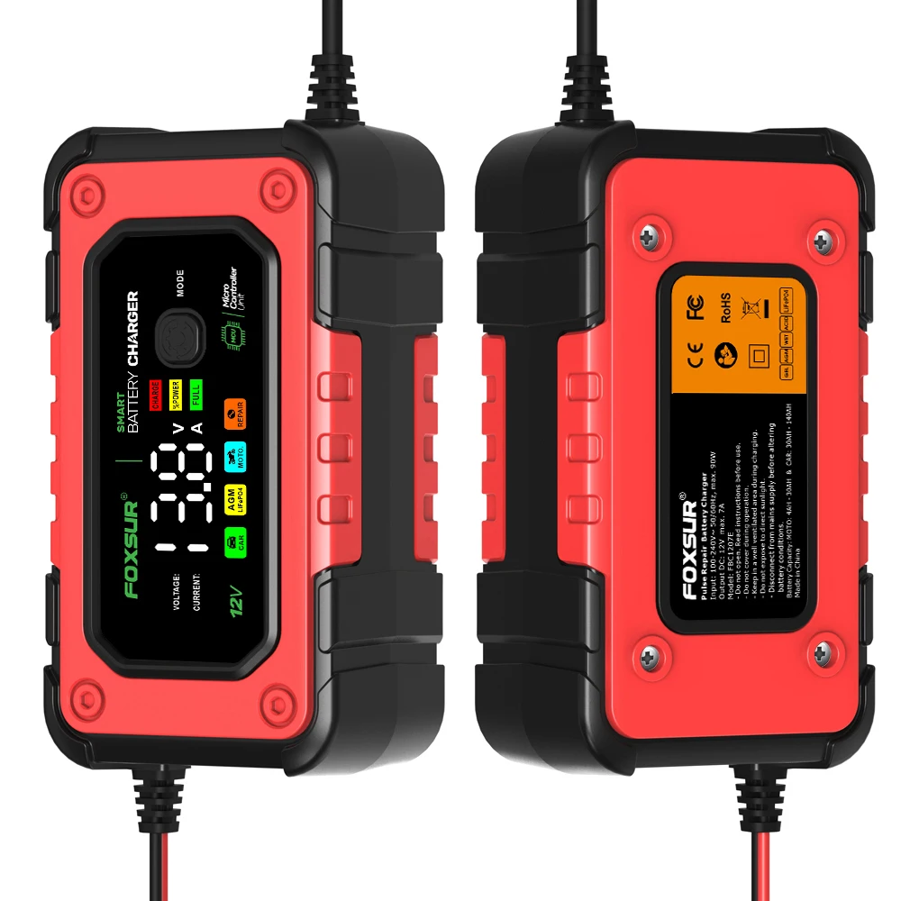 Nuovo caricabatteria per auto di riparazione universale FOXSUR 12V 7A caricabatteria per moto di riparazione intelligente per batteria al piombo